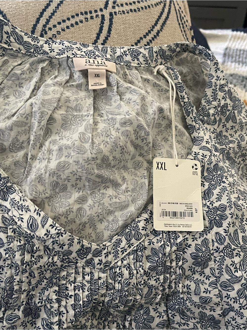 ana by Anthropologie Blue and White Floral Peasant Top XXL